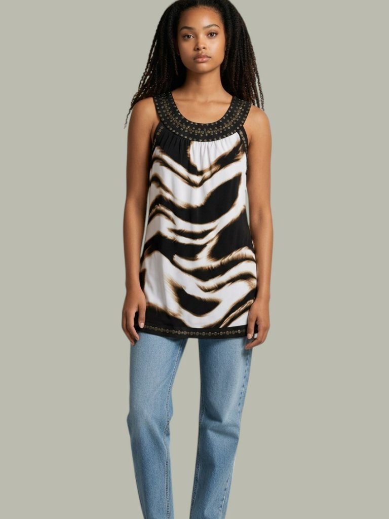 Alfani Satin Cream And Brown Animal Print Sleeveless Blouse Top 6